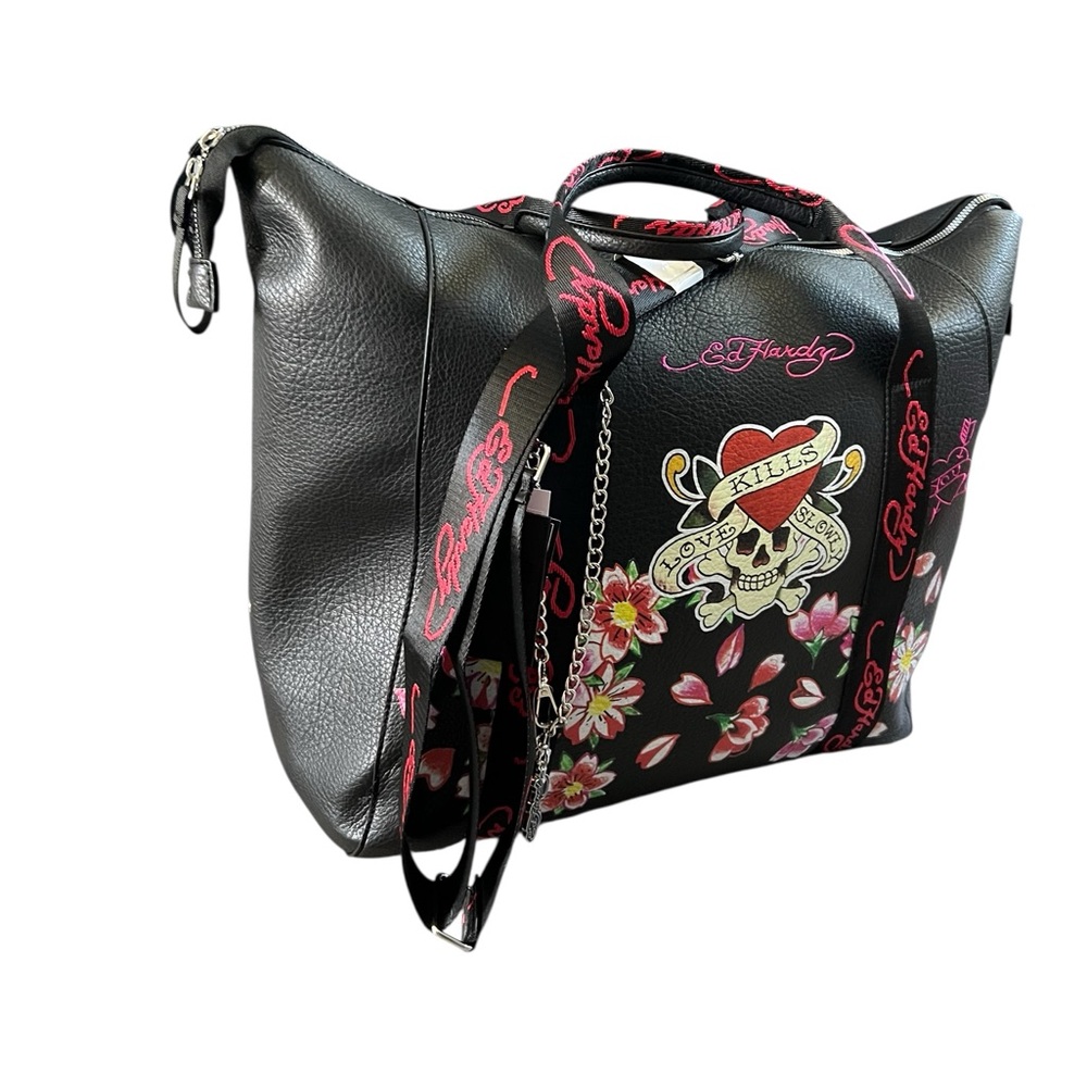 Ed Hardy Black Floral Skull Embroidery Tote Bag - Picture 3 of 11
